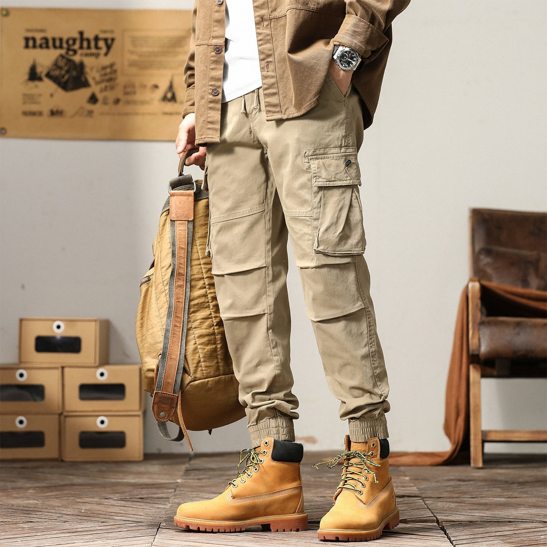 Men's Utility Cargo Jogging Pants with Drawstring, Multifunctional Pockets, and Elastic Cuffs