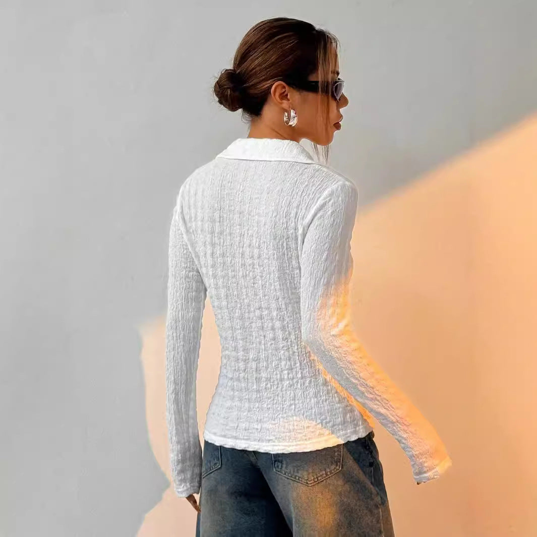 Women nan shirt blouse with ruched texture, shirt collar and tailored fit Mune Fashion