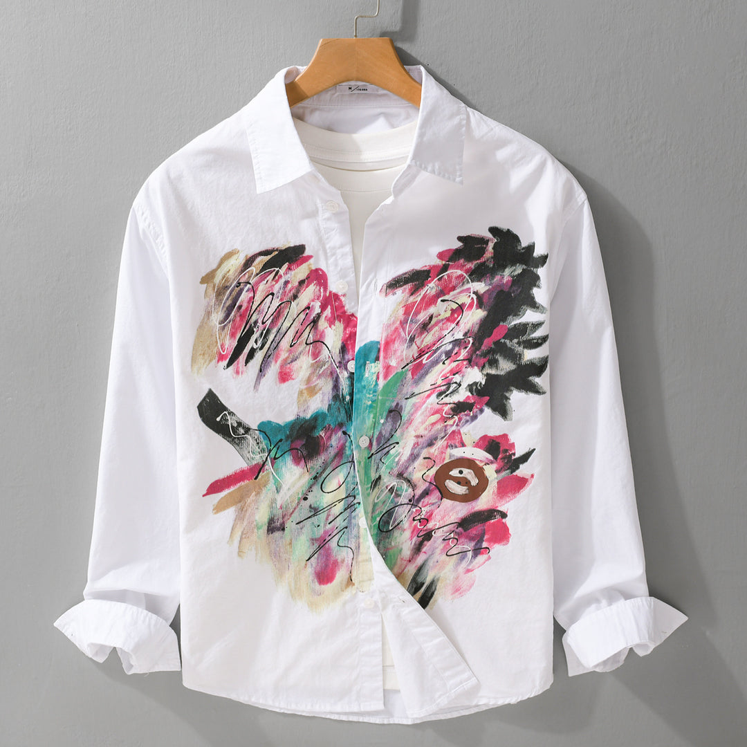 Women's long-sleeve shirt made of cotton poplin with artistic brush print and Kent collar Mune Fashion