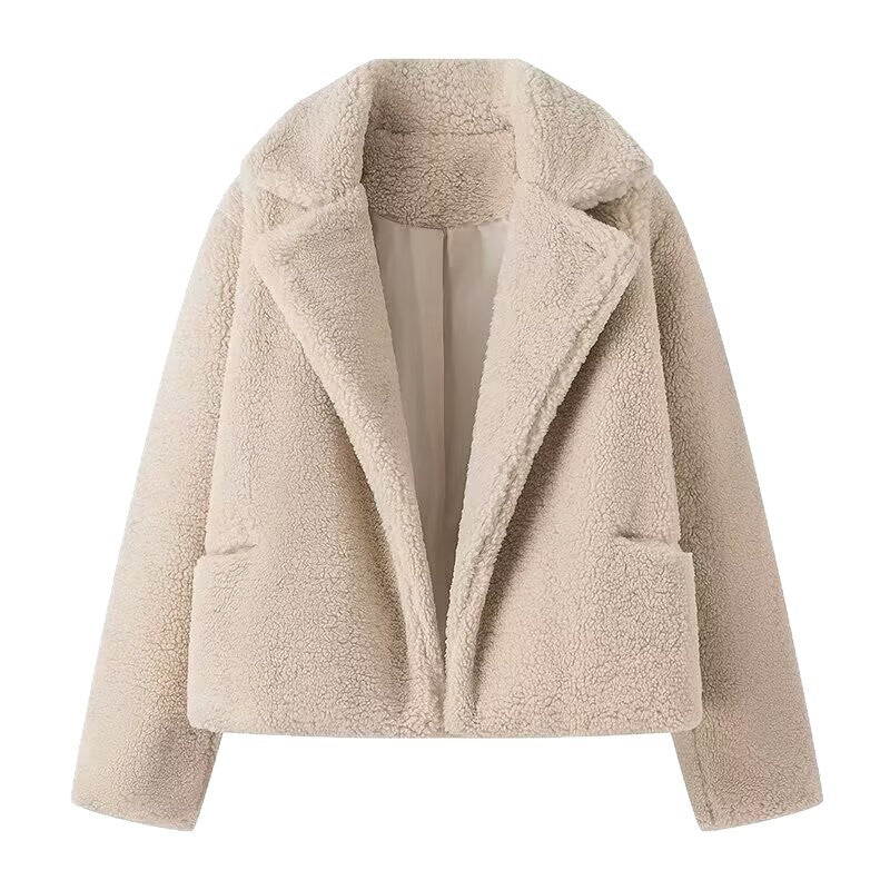 Women Short Faux Fur Teddy Blouson with Wide Lapel Collar Mune Fashion