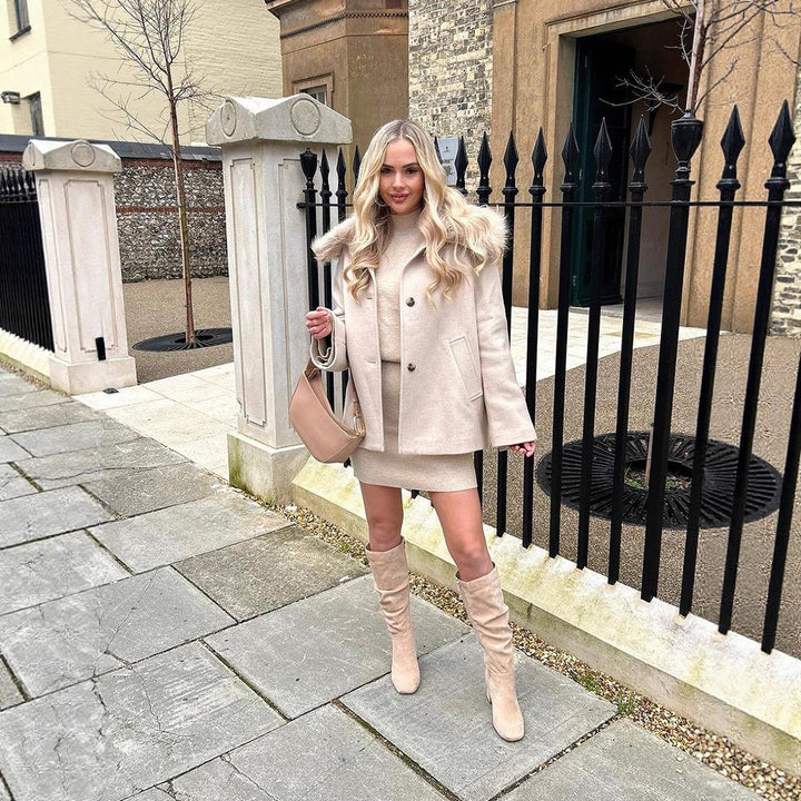Women's short coat with faux fur shawl collar & boxy oversized silhouette Mune Fashion