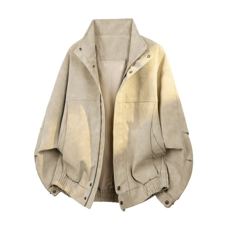 Men's Oversize Bomber Jacket in Vintage Velour Look with Stand-Up Collar, Elastic Hem & Snap Button Details Mune Fashion