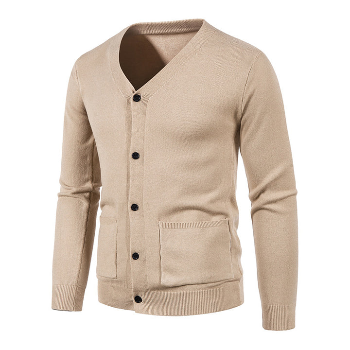 Men's slim fine knit cardigan with V-neck, button placket, and patch pockets Mune Fashion