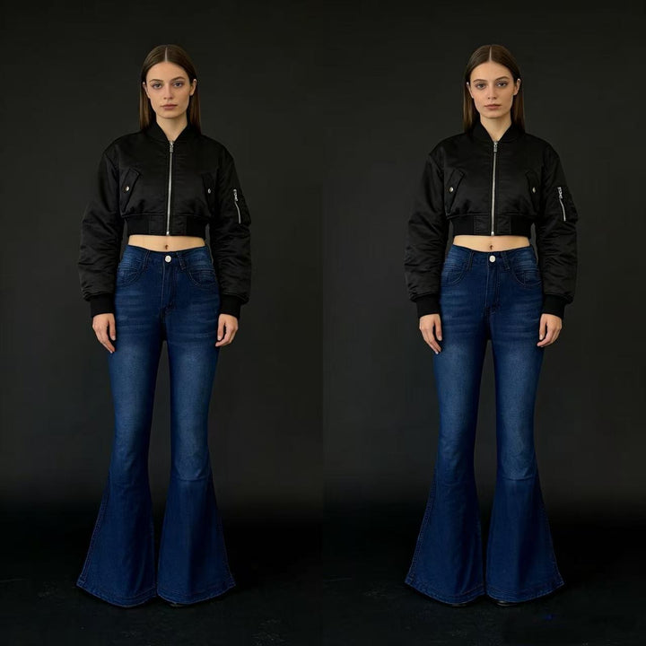 Women nan High-Waist flared jeans with shaping hip silhouette, reinforced leg seams, and extra wide trumpet legs Mune Fashion