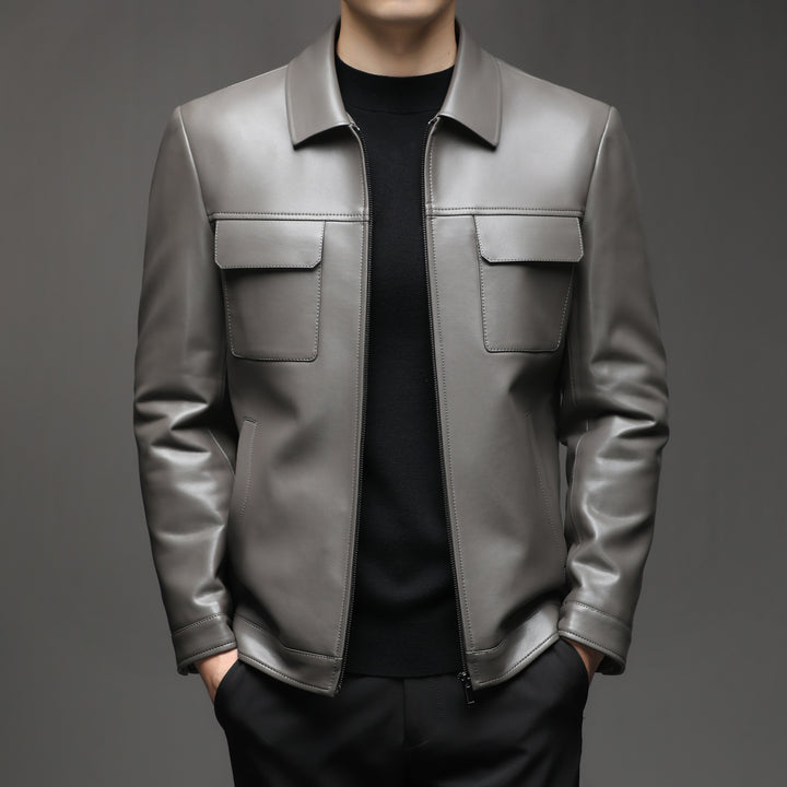 Men Smooth Leather Look Blouson with Chest Flaps and Zipper Mune Fashion