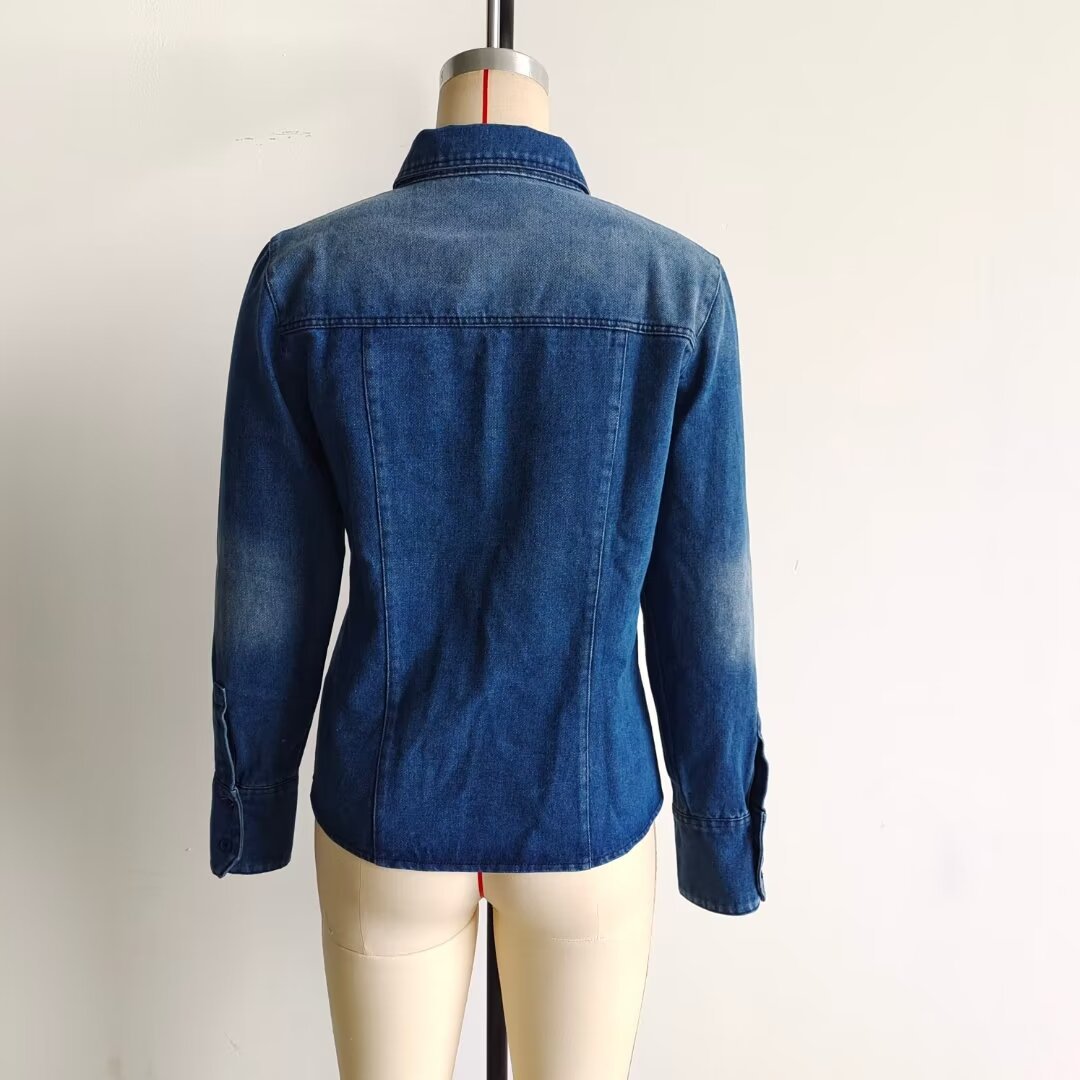 Women's light vintage denim blouse in relaxed fit with patch breast pocket and continuous button placket Mune Fashion