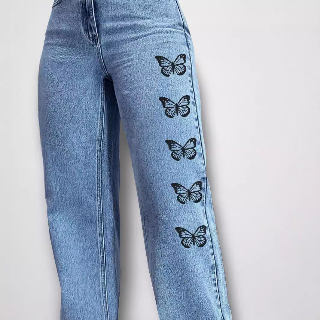 Ladies High-Waist Loose-Fit Denim Pants with Side Butterfly Print Mune Fashion
