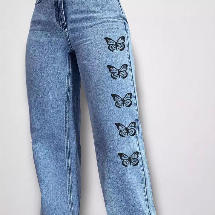 Ladies High-Waist Loose-Fit Denim Pants with Side Butterfly Print Mune Fashion