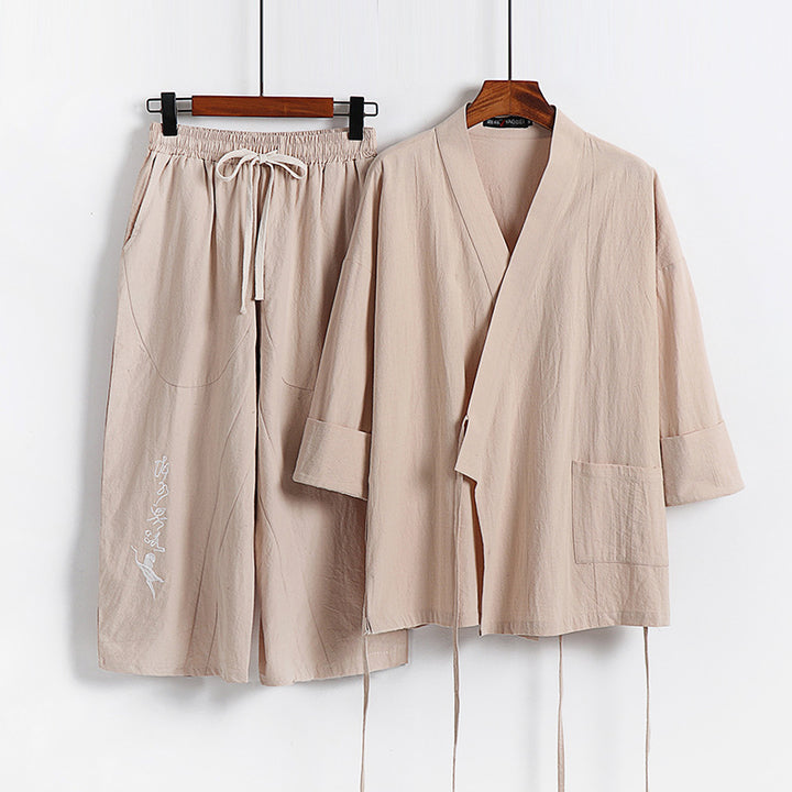 Unisex Lightweight Kimono Loungewear Set made of Cotton-Linen with Embroidered Harem Pants and Tie Belt Mune Fashion