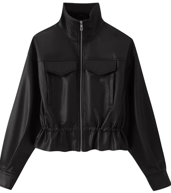 Women cropped faux leather jacket with stand collar, zipper and tailored smocking Mune Fashion