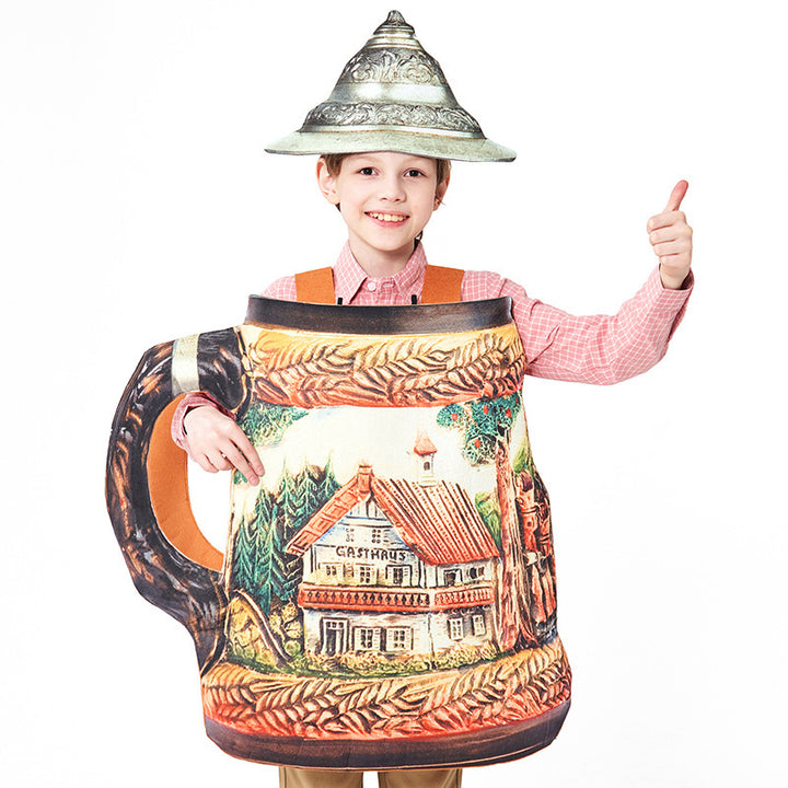 Men's humorous beer mug costume with removable lid and adjustable carrying straps Mune Fashion