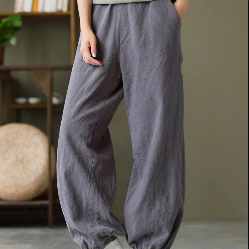 Women's relaxed linen harem pants with elastic waistband and ankle cuffs Mune Fashion