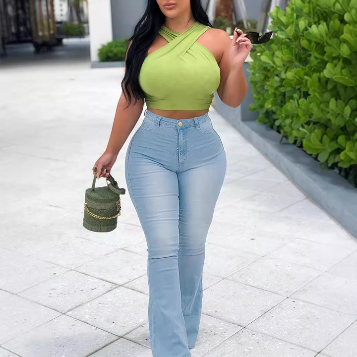 Women’s High-Waist Flared Trousers made of Stretch Denim with a Figure-Hugging Hip Fit Mune Fashion