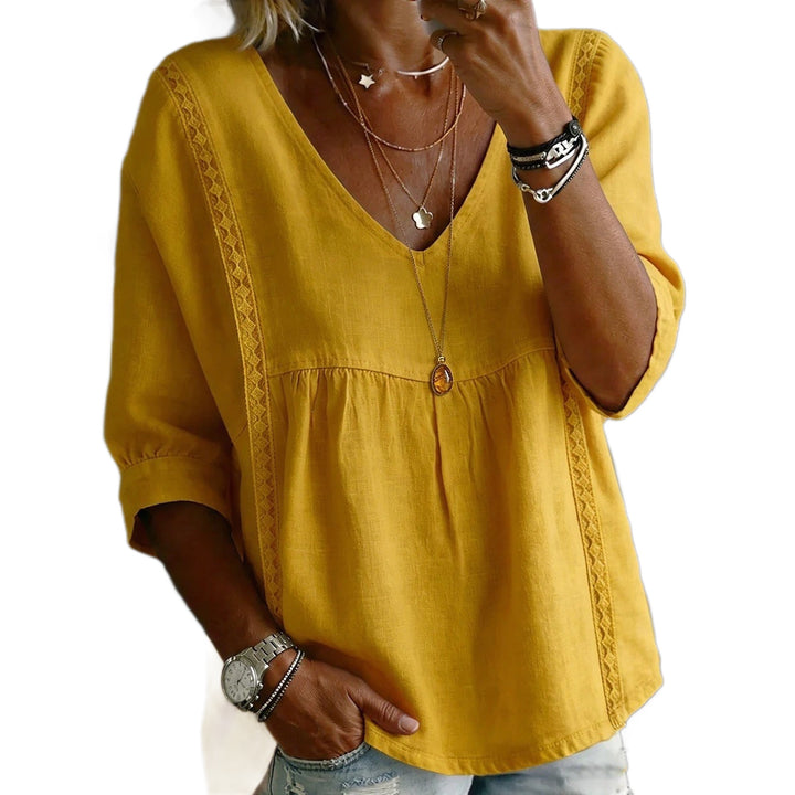 Women Loose V-Neck Linen Blouse with Lace and 3/4 Sleeves Mune Fashion