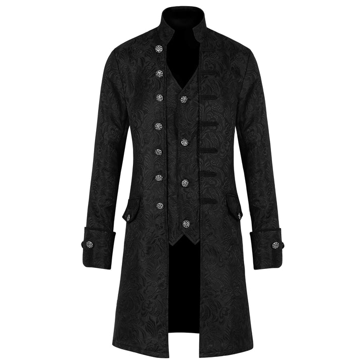 Men's long coat with double-layer shoulder cape, concealed zipper inner lining, and adjustable cuffs