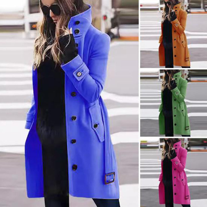 Women's tailored long coat with stand-up collar, concealed button placket and shaping seams Mune Fashion
