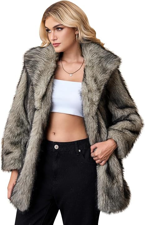 Women Short Faux-Fur Coat with Wide Shawl Collar, Open Front and Pockets Mune Fashion