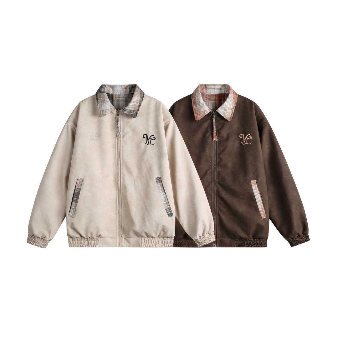 Women's short cut boxy jacket in suede look with checked collar and elastic hem Mune Fashion