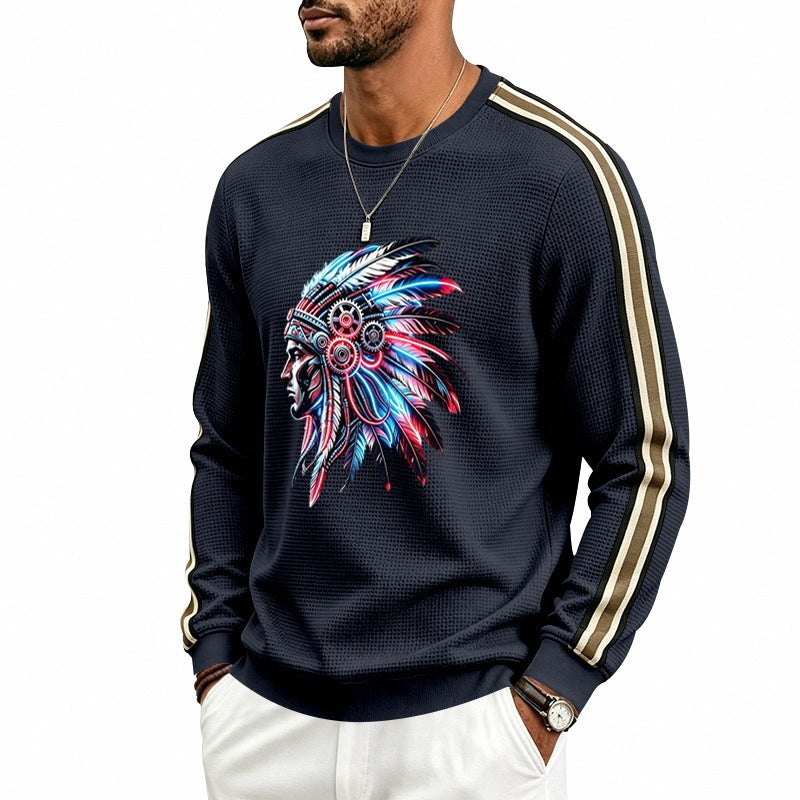 Men's sweatshirt with stylized headgear print and contrast stripes on the sleeves Mune Fashion