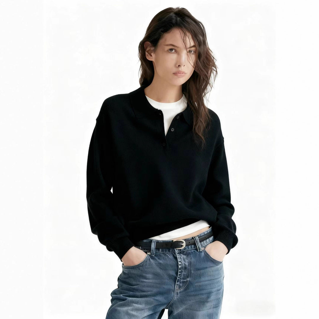 Women's fine-knit polo sweater with button placket and ribbed hem Drune