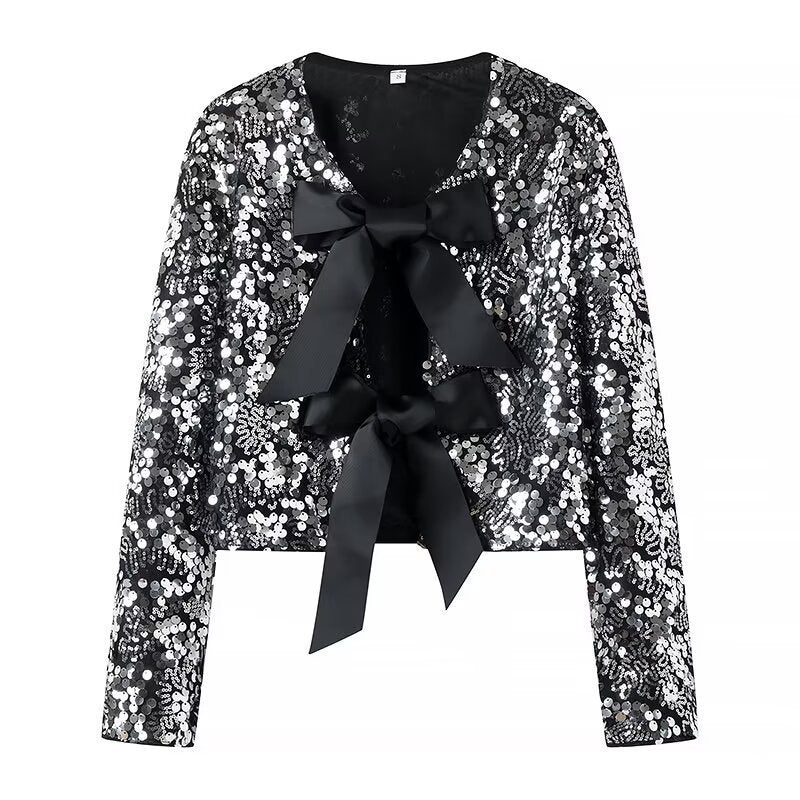 Women’s Short Cut Sequin Bolero Jacket with Triple Satin Bows and Lined Interior Mune Fashion
