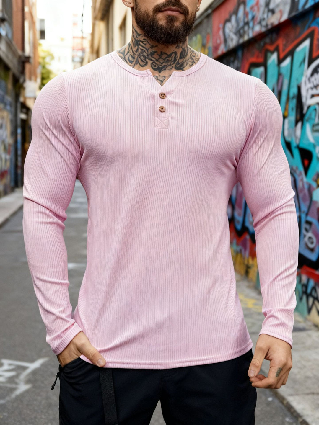 Men's ribbed long-sleeve Henley shirt with flat button placket and fitted stretch fit Mune Fashion