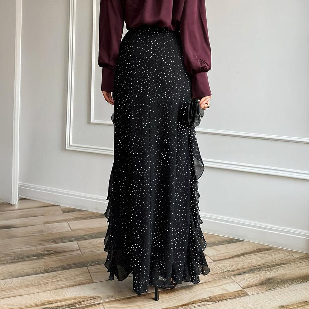 Women's maxi skirt with high waistband, asymmetrical ruffles, and flowing chiffon look Mune Fashion