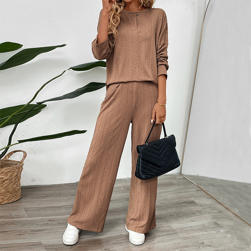 Women's Two-Piece Knit Loungewear Set with Wide-Leg Pants and Henley Top Mune Fashion