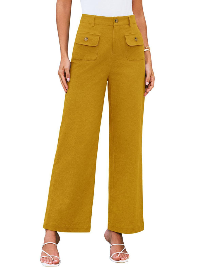 Women's High-Waist Wide-Leg Trousers with Button-Flap Patch Pockets Mune Fashion