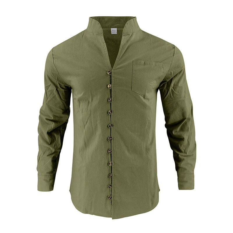 Men's shirt with stand-up collar and asymmetrical button placket made of linen mix Mune Fashion