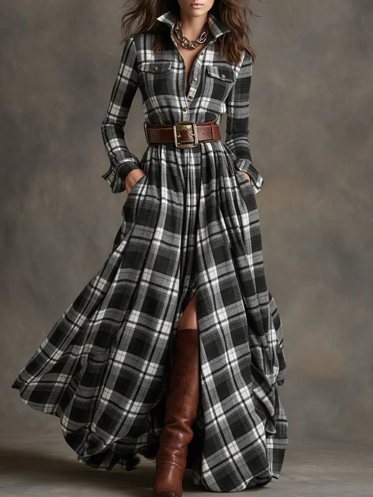Women checked maxi dress shirt dress with flared skirt and wide waistband Mune Fashion