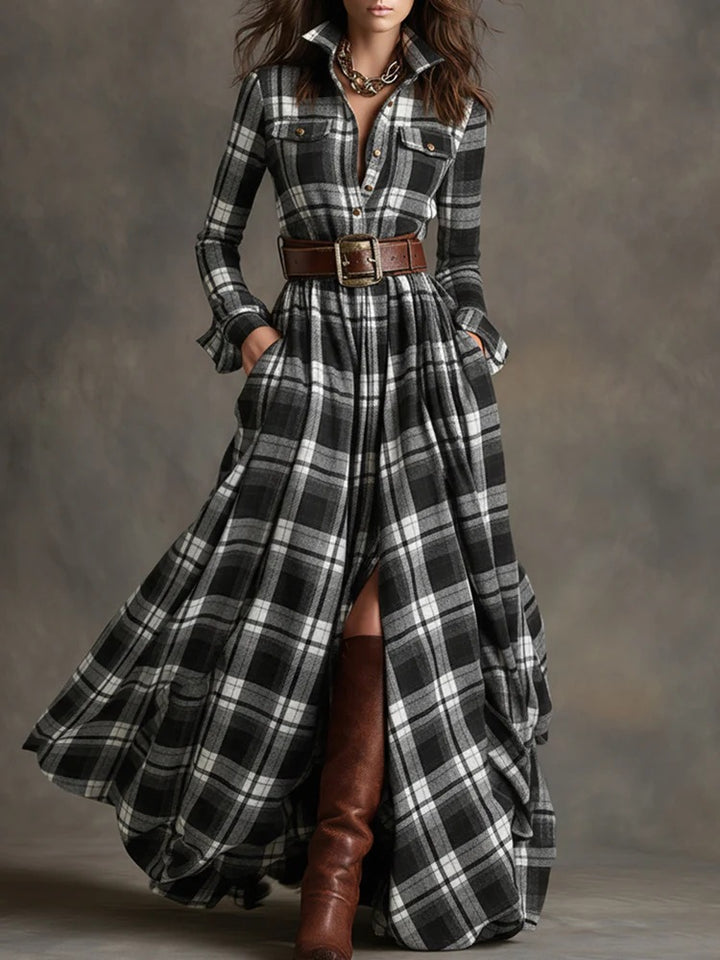 Women checked maxi dress shirt dress with flared skirt and wide waistband Mune Fashion