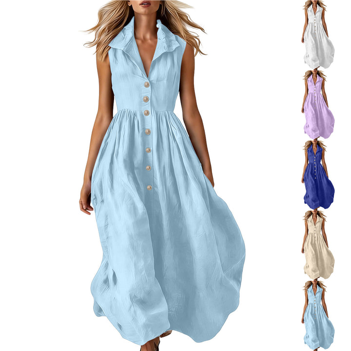 Women's Sleeveless Midi Dress with Button Placket, Gathered Waist and Ruffled Collar Mune Fashion