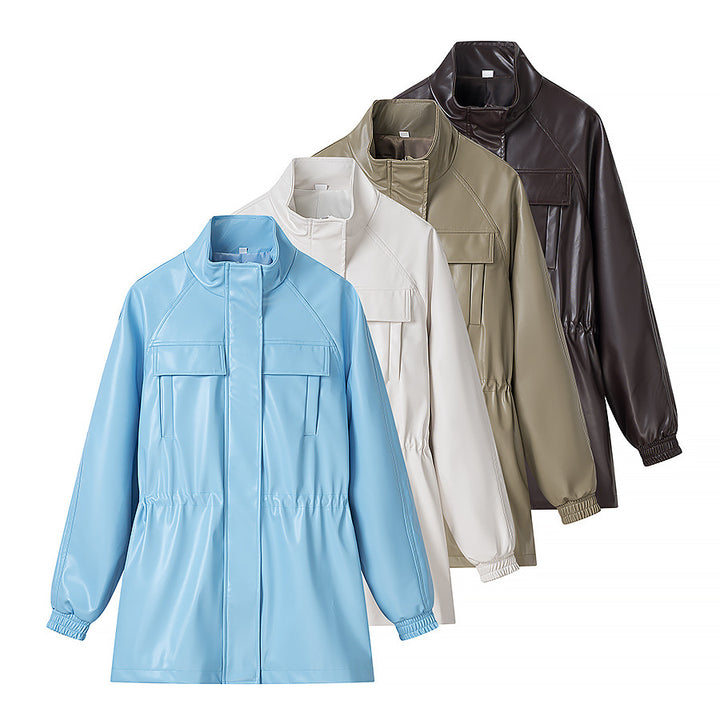 Women's faux leather parka with drawstring waist, stand-up collar, and flap pockets Mune Fashion