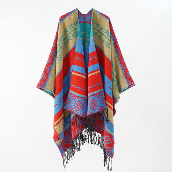 Women Woven Jacquard Poncho with Geometric Ethno Pattern and Fringed Hem Mune Fashion