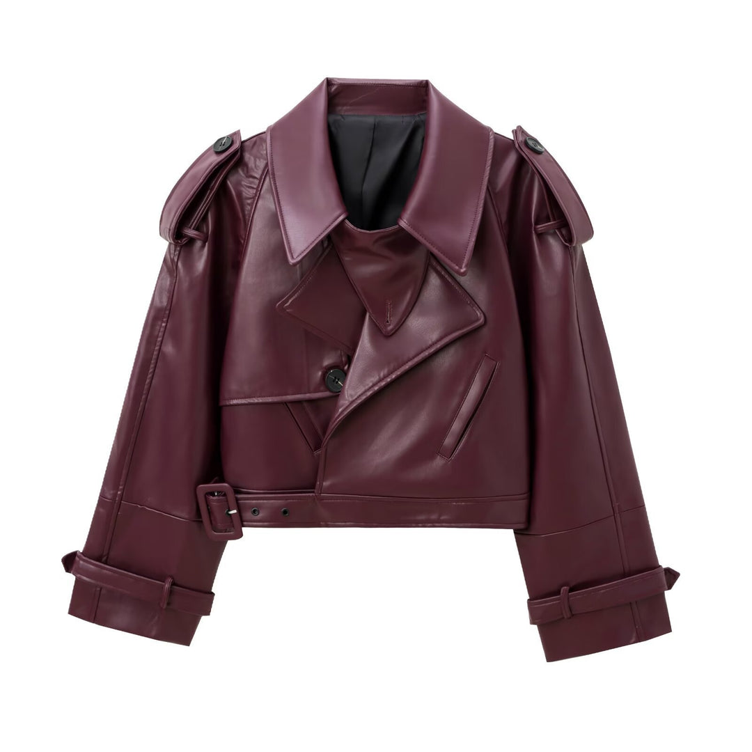 Women's nan cropped faux leather trench coat with shoulder flaps, fitted belt, and adjustable cuffs Mune Fashion