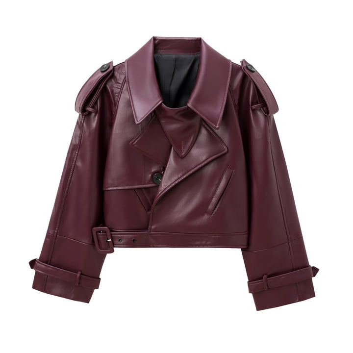 Women's nan cropped faux leather trench coat with shoulder flaps, fitted belt, and adjustable cuffs Mune Fashion