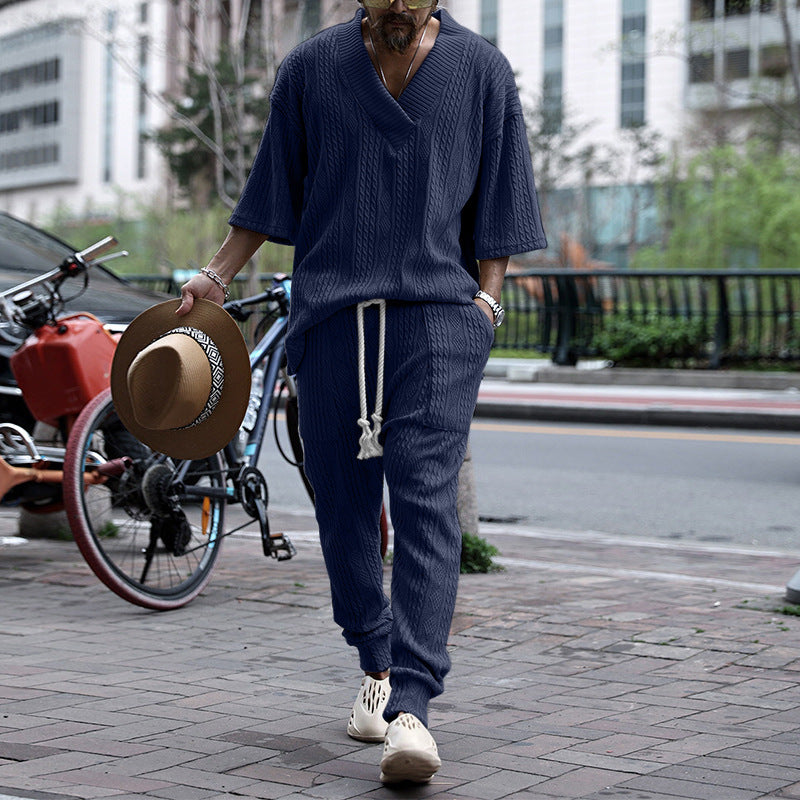 Men's Coarse Knit Lounge Set with Deep V-Neck and Drawstring Joggers Mune Fashion