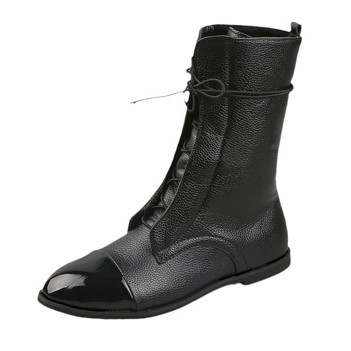 Women’s leather-look lace-up ankle boots with shiny toe cap and low block heel Mune Fashion