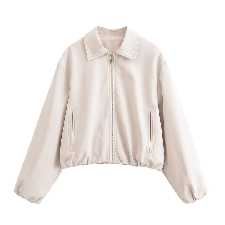 Women's Cropped Bomber Jacket with Balloon Sleeves, Stand Collar and Elastic Hem Mune Fashion