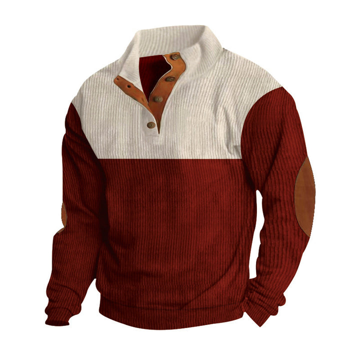 Men's ribbed knit sweater with standing collar, button placket, and leather elbow patches Mune Fashion