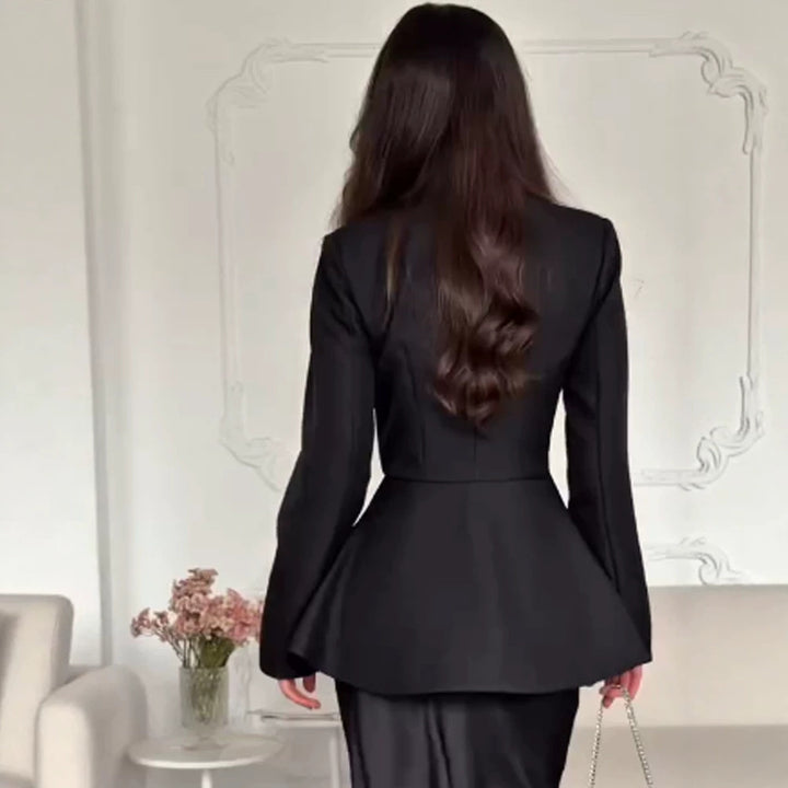 Women's Tailored Peplum Jacket with Stand Collar and Decorative Toggle Fasteners Mune Fashion