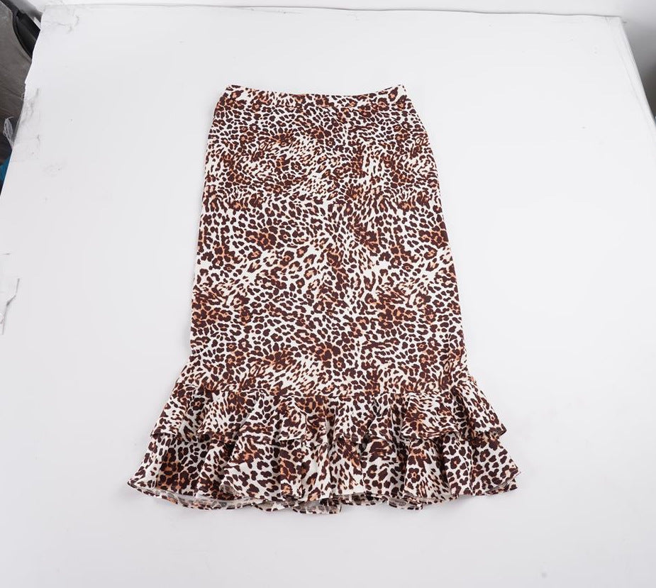 Women's Tailored Midi Skirt with Leopard Print and Double Ruffle Hem Mune Fashion