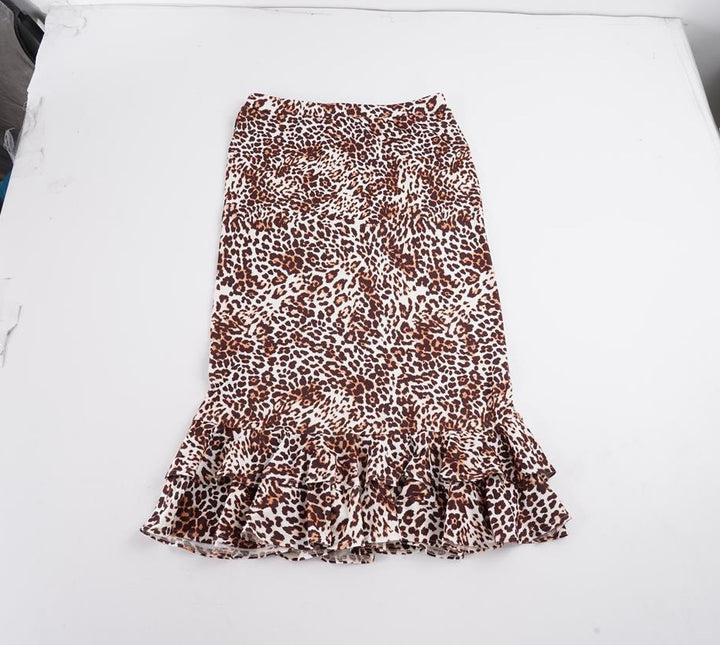Women's Tailored Midi Skirt with Leopard Print and Double Ruffle Hem Mune Fashion