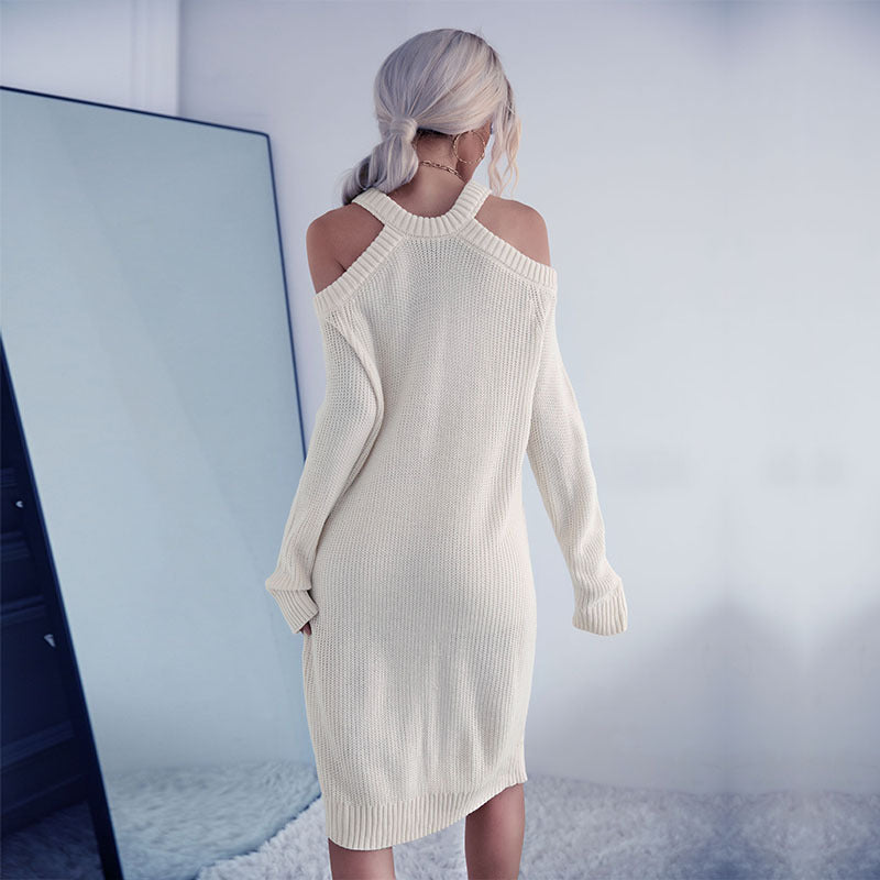 Ladies' Fitted Knit Midi Dress with Halter Straps, Cut-Out Shoulders and Ribbed Hem Mune Fashion
