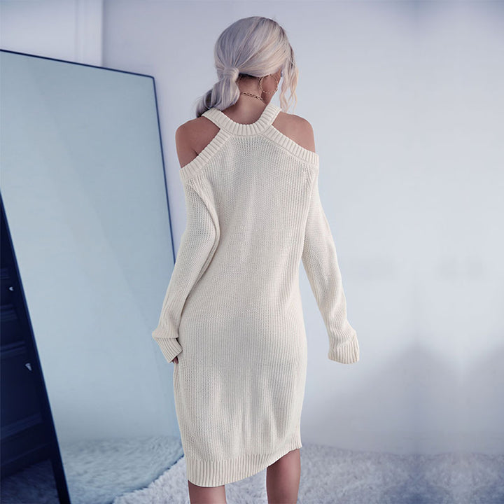 Ladies' Fitted Knit Midi Dress with Halter Straps, Cut-Out Shoulders and Ribbed Hem Mune Fashion