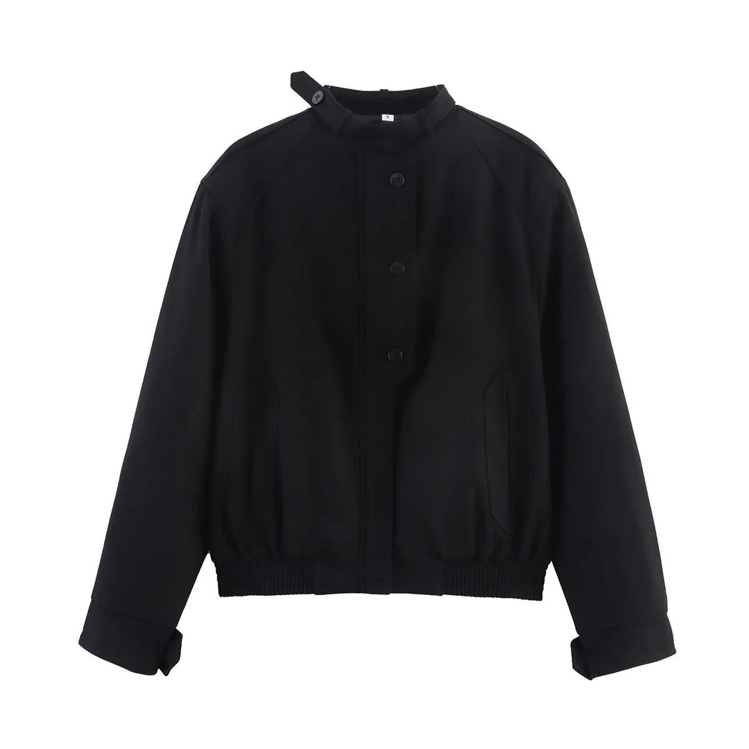Women's nan minimalist bomber blouse with stand-up collar flap, concealed button placket and elastic waistband Mune Fashion