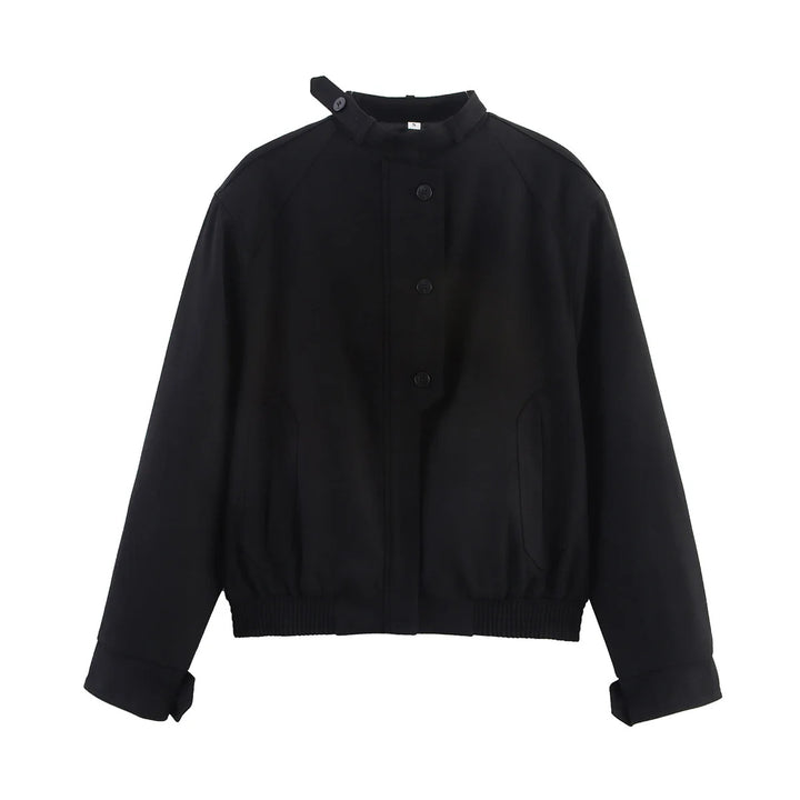 Women's nan minimalist bomber blouse with stand-up collar flap, concealed button placket and elastic waistband Mune Fashion