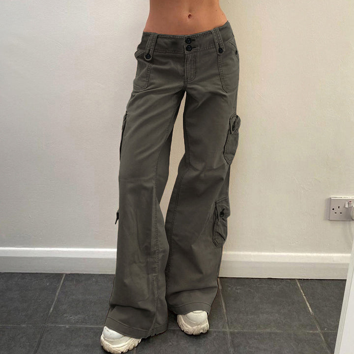 Women's high waist cargo pants with straight leg, multiple flap pockets and prominent button details Mune Fashion