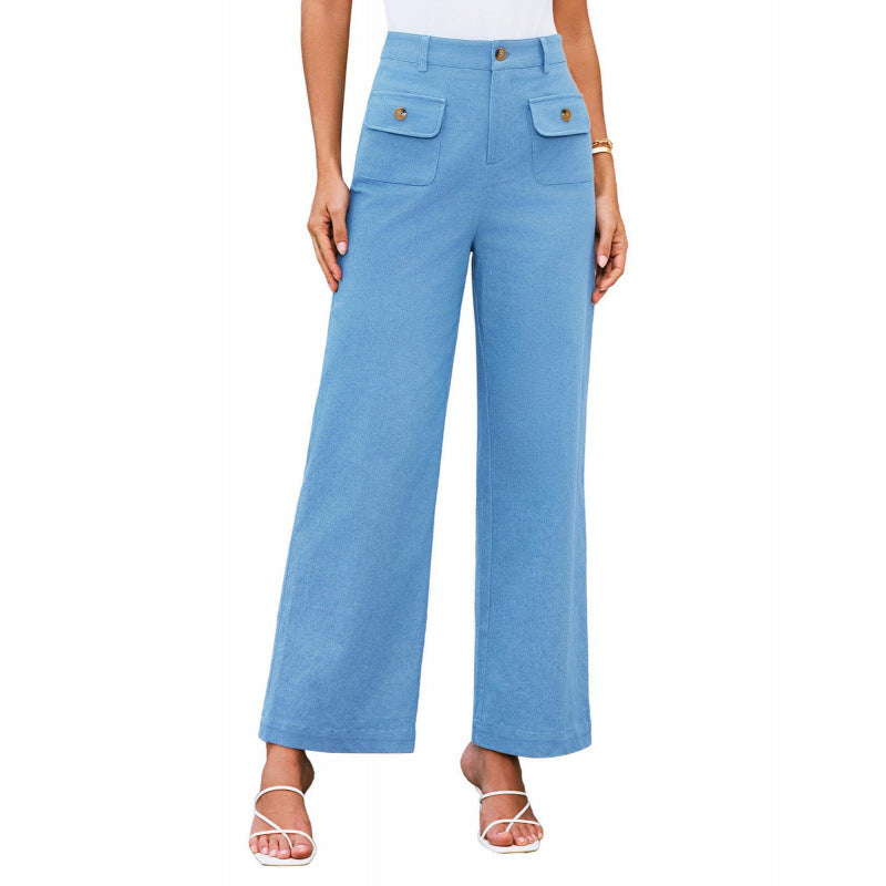 Women High-Waist Palazzo Pants with Flap Button Pockets Mune Fashion